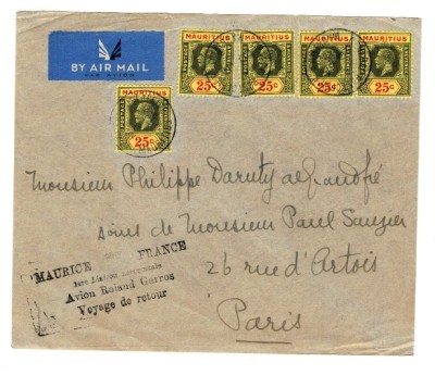 1937 - Posta Aeriana &amp;amp;quot;Roland Garros&amp;amp;quot; din Mauritius spre Franta foto