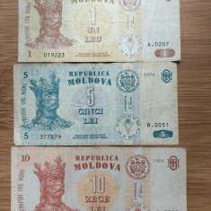 Lot 3 Bancnote Moldova 1leu 2006 5 lei si 10 lei 1994