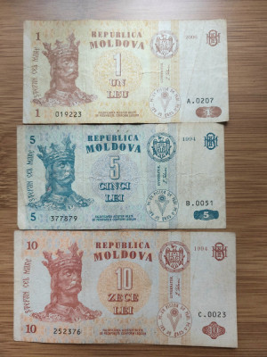 Lot 3 Bancnote Moldova 1leu 2006 5 lei si 10 lei 1994 foto