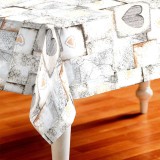 Față de Masă Textilă, Model Inimi, Bej/Gri, 180x140cm, 70% Bumbac, 30% Poliester