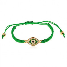 Brățară &icirc;mpletită &icirc;n culoare verde &icirc;nchis, simbol ochi decorat cu zirconii transparente