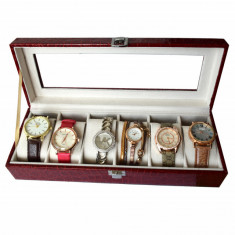 Oferta! Caseta eleganta depozitare cu compartimente pentru 6 ceasuri, imprimeu crocodil rosu + 6 ceasuri de dama foto