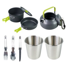 Set vesela si accesorii camping DS-308,&nbsp;aluminiu, saculet depozitare, verde/negru