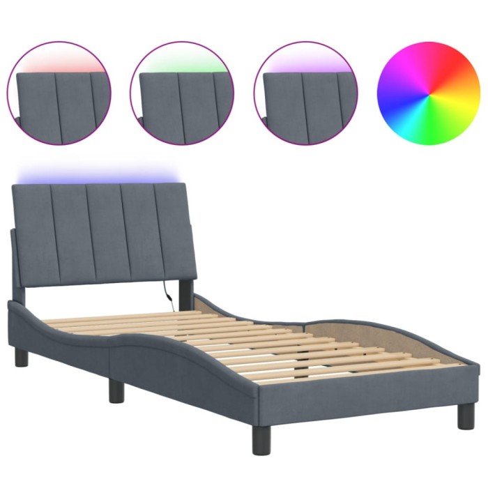 Cadru de pat cu LED fara saltea, Hanko, gri inchis, 152x203 cm, catifea