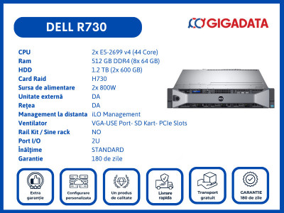 Dell R730 2x E5-2699 v4 512GB H730 1.2TB 2x PS 6 Luni Garantie foto