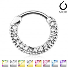 Piercing pentru nas sau ureche, din oțel - segment circular încrustat cu zirconii mici, diverse culori - Grosime x culoare piercing - culoare zircon: