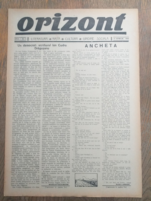 AVANGARDA, Ziarul &quot;Orizont&quot;, 1945, Director Sasa Pana, nr 11