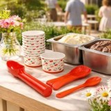 Set 12 Cupe pentru Inghetata din Carton cu Lingurite si Lingura de Servit, 100 ml, Rosu, CMCLASS