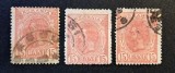 Regele Carol I (Emisiunea "Cifre &icirc;n Colțuri", 1885&ndash;1889) - Lot de 3 Mărci Poștale de 15 BANI Roșu-Carmin (Dintelate, Ștampilate) RO1