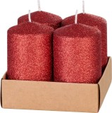 Set 4 lumanari advent cilindrice rosii cu sclipici 4,8x8 cm