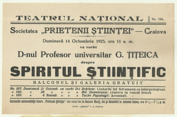 Afis Conferinta G.Titeica : Spiritul stiintific - 1923