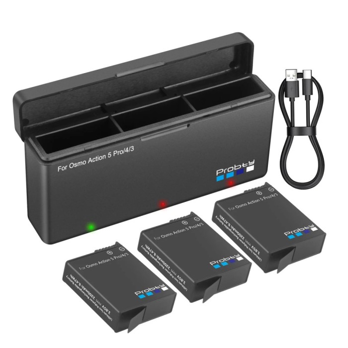 Set 3 acumulatori 2200mAh + incarcator triplu cu USB-C pentru camere actiune DJI Osmo Action 6 / Action 5 Pro / Action 4 / Action 3 / DJI Osmo 360
