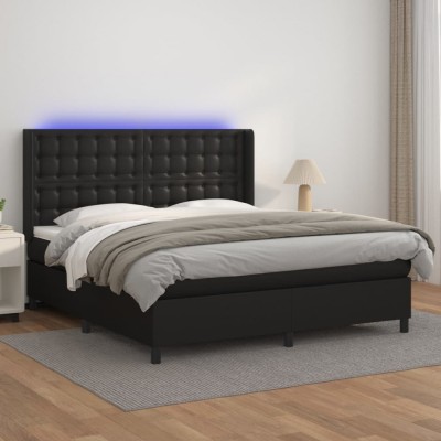 vidaXL Pat cu arcuri, saltea și LED, negru, 160x200cm, piele ecologică 3139391 foto