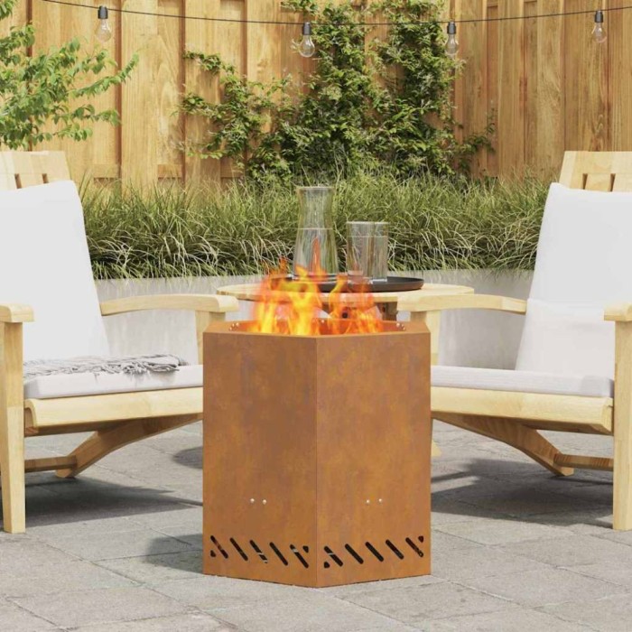 Vatră de foc fără fum, hexagonal, 48x48x51 cm, oțel corten