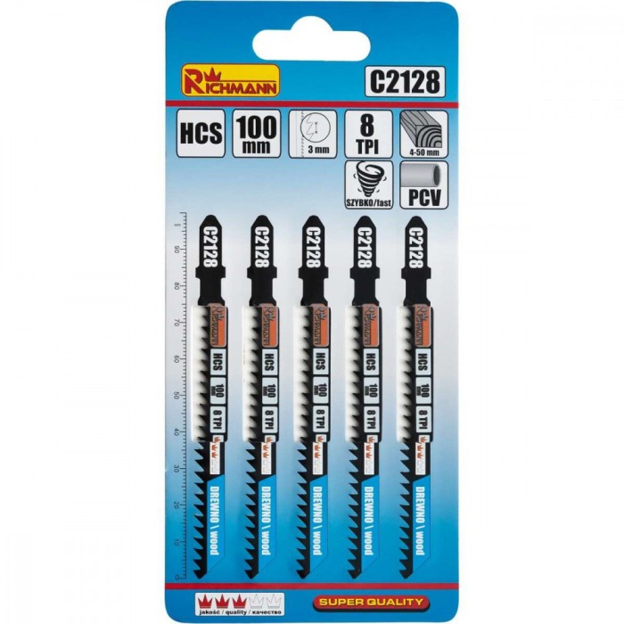 Panza, lama, fierastrau pendular, pentru lemn, HCS, prindere tip T, 8 TPI, taiere rapida, set 5 buc, 100 mm, Richmann