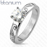 Inel din titan argintiu, zirconiu rotund transparent, brațe decorative - Marime inel: 49