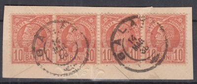 ROMANIA 1885/88 LP 43 e REGELE CAROL I VULTURI STRAIF 4 TIMBRE 10 BANI/FRAGMENT foto
