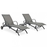 Set 2 Șezlonguri vidaXL Gri, Textilenă &amp; Oțel, Masă Inclusă, Spătar Reglabil, Roți Transport, Gradina/Plajă 178x60x37cm