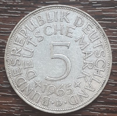 (A856) MONEDA DIN ARGINT GERMANIA - 5 MARK 1965, LIT D, 11,2 GRAME. PURITATE 625 foto