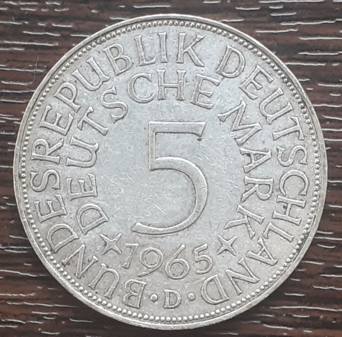 (A856) MONEDA DIN ARGINT GERMANIA - 5 MARK 1965, LIT D, 11,2 GRAME. PURITATE 625