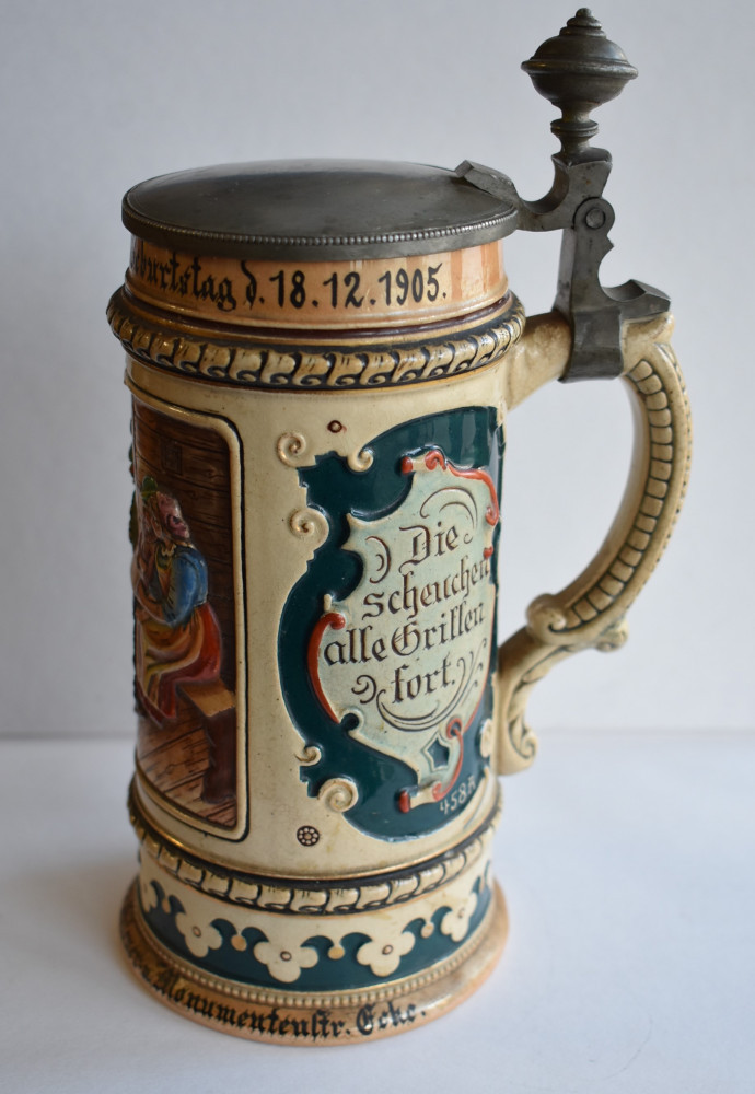 Halba veche de bere din ceramica cu capac zinc - Atelier german 1905 |  arhiva Okazii.ro