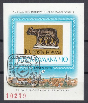 ROMANIA 1978 LP 968 TARGUL FILATELIC INTERNATIONAL ESSEN COLITA NEDANTELATA STAMPILA PRIMA ZI A EMISIUNII foto