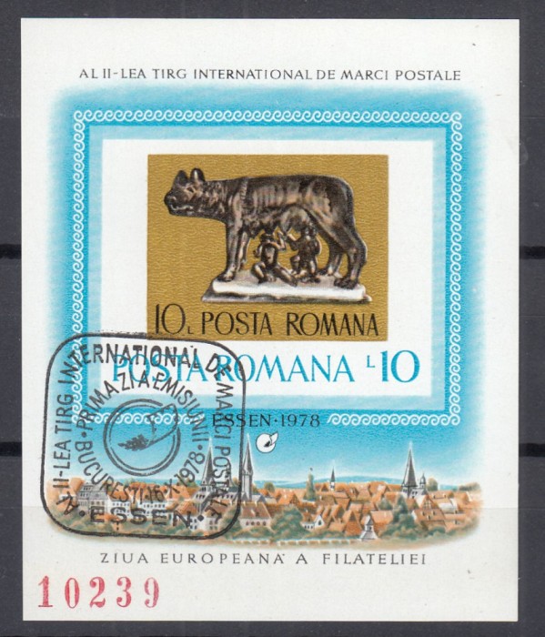 ROMANIA 1978 LP 968 TARGUL FILATELIC INTERNATIONAL ESSEN COLITA NEDANTELATA STAMPILA PRIMA ZI A EMISIUNII