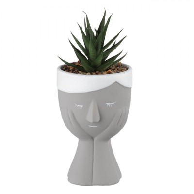 Ghiveci Decorativ, Model Față, Ceramică, Plantă Artificială, Gri, 7.8x18cm foto