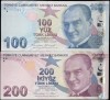 TURCIA SET / LOT : 100 LIRE 2025 ( 2009 ) prefix H - P- NEW ( P-226f ) + 200 LIRE 2024 ( 2009 ) prefix H - P-227g
