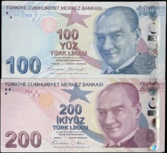 TURCIA SET / LOT : 100 LIRE 2025 ( 2009 ) prefix H - P- NEW ( P-226f ) + 200 LIRE 2024 ( 2009 ) prefix H - P-227g