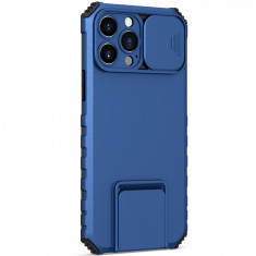Husa Defender cu Stand pentru iPhone 12, Albastru, Suport reglabil, Antisoc, Protectie glisanta pentru camera, Flippy