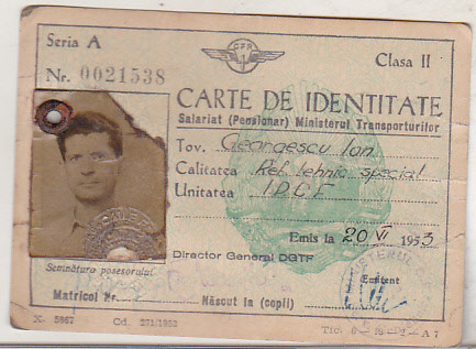 bnk div CFR - carte de identitate salariat MT - cls II - 1953