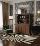 Set comoda living VM4, 4 usi, un sertar si vitrina suprapozabila VMN5, 2 usi, 2 polite, Pal melaminat, cu insertii MDF, Nuc