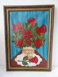 Tablou vechi pictura naiva flori rosii in vaza (maci), ulei pe panza, rama lemn, Altul