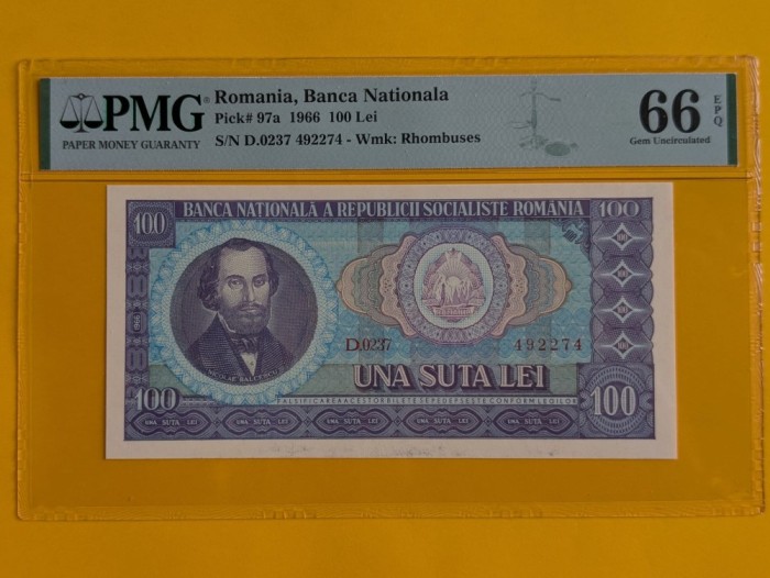 ROMANIA 100 LEI 1966 PMG 66