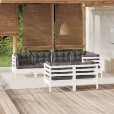 vidaXL Set mobilier grădină cu perne, 7 piese, alb, lemn masiv de pin 3096491