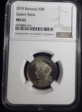 ROMANIA moneda 50 BANI 2019 regina maria necirculata UNC gradata NGC MS65