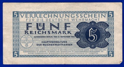 (6) BANCNOTA (CERTIF COMPENSARE) GERMANIA - 5 REICHSMARK 1944, TRUPELE WEHRMACHT foto