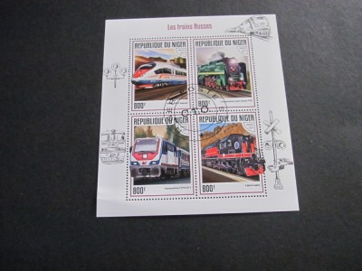 Niger 2017 Bloc de Timbre Poștale &amp;ndash; &amp;bdquo;Les trains Russes&amp;rdquo;, 4 Locomotive Celebre (Sapsan, Clasa P36, T3M14-0001), 800F, Obliterat foto
