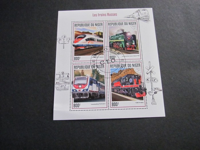 Niger 2017 Bloc de Timbre Poștale &ndash; &bdquo;Les trains Russes&rdquo;, 4 Locomotive Celebre (Sapsan, Clasa P36, T3M14-0001), 800F, Obliterat