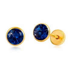 Cercei din aur galben 14K - zirconiu albastru-safir in suport, inchidere de tip flutura?, 5 mm foto