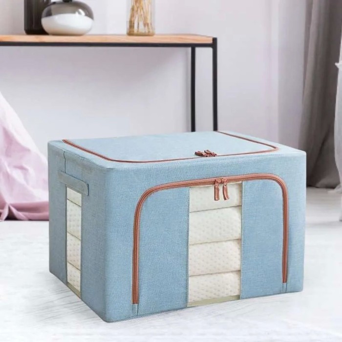 Cutie de Depozitare Pliabila, Flippy, 66 L, din Bumbac si In, 50x40x33 cm, 2 Ferestre, Frontala si Laterala, 2 Usi de Acces cu Fermoar Bidirectional,