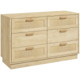 HOMCOM cu 6 sertare &icirc;n stil Boho pentru dormitor și hol, din lemn și rattan, 110x40x69 cm, Stejar | Aosom Romania