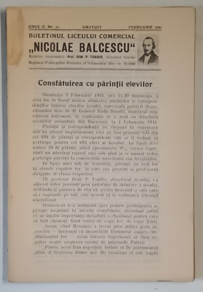 BULETINUL LICEULUI COMERCIAL NICOLAE BALCESCU , ANUL II , NUMARUL 10 , FEBRUARIE , 1941