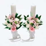 Set nunta, 2 lumanari personalizabile cu nume si data decorate cu trandafiri si plante uscate, Eventissimi&reg;