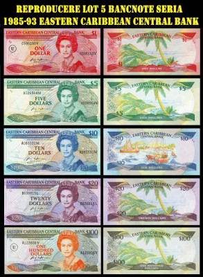 Reproducere 5 bancnote seria 1985 Eastern Caribbean Central Bank foto