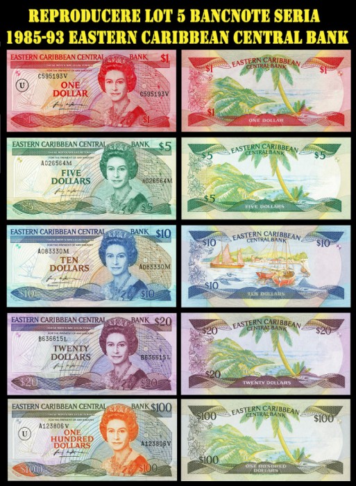 Reproducere 5 bancnote seria 1985 Eastern Caribbean Central Bank