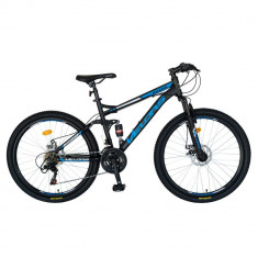 Bicicleta MTB-HT Shimano Tourney TZ500D, 21 viteze, roti 26 Inch, frane pe disc Velors CSV26/61S, cadru negru cu design albastru foto