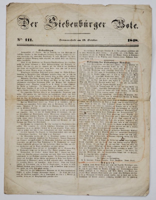 DER SIEBENBURGER BOTE , NR. 111 ZIAR , APARUT LA SIBIU , TEXT IN GERMANA CU CARACTERE GOTICE , 18 OCT. 1848 foto