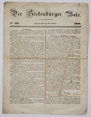 DER SIEBENBURGER BOTE , NR. 111 ZIAR , APARUT LA SIBIU , TEXT IN GERMANA CU CARACTERE GOTICE , 18 OCT. 1848 foto